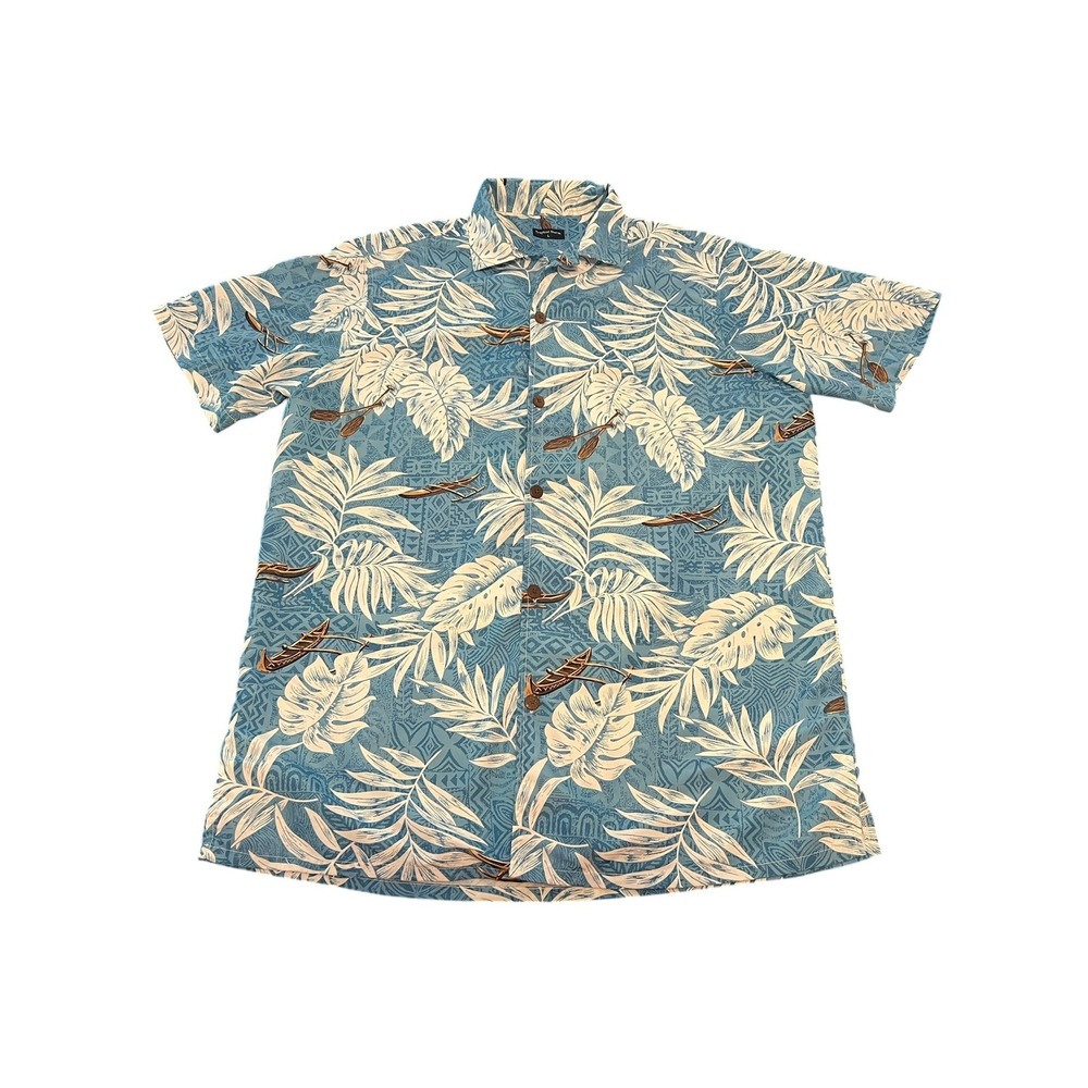 Tropical Storm Mens Blue Hawaiian‎ Shirt Large Palm Leaf Outrigger Canoe Print